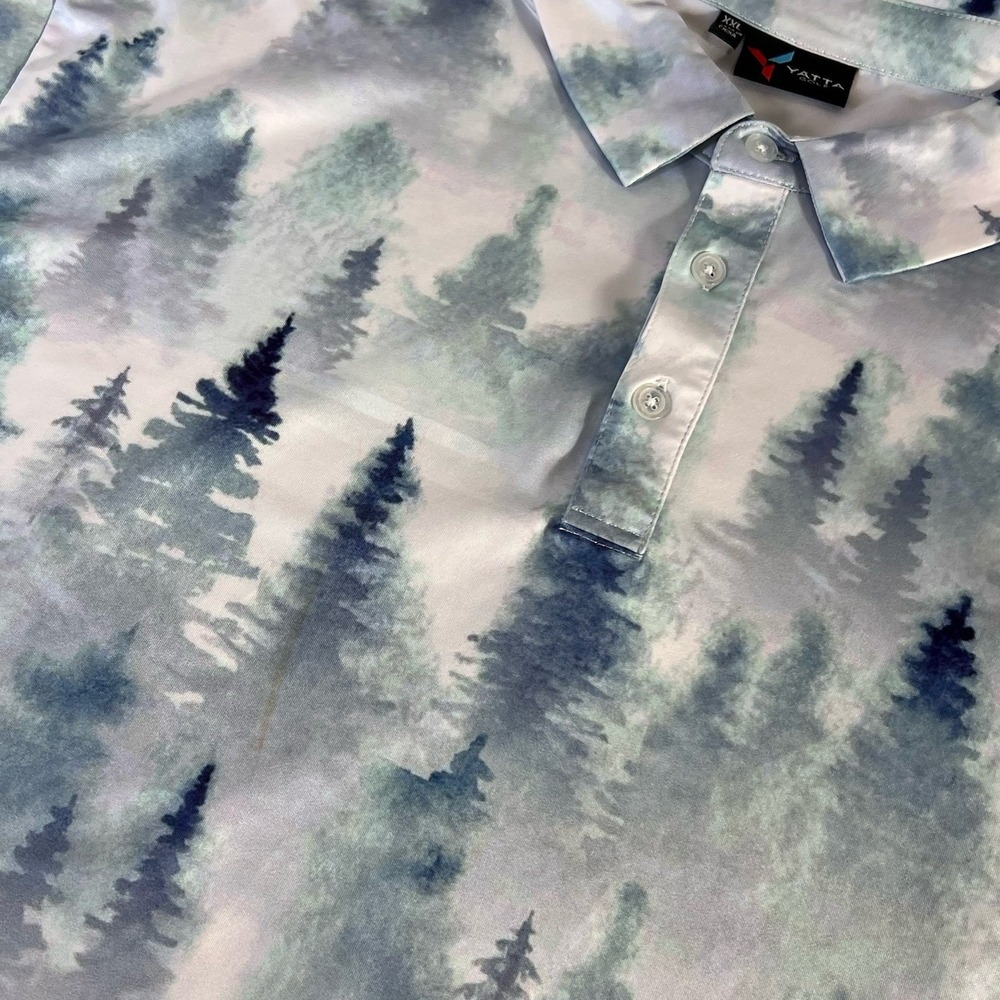 Yatta Golf Mens XXL Polo Shirt Blue Green Pine Forest Tree Print Performance